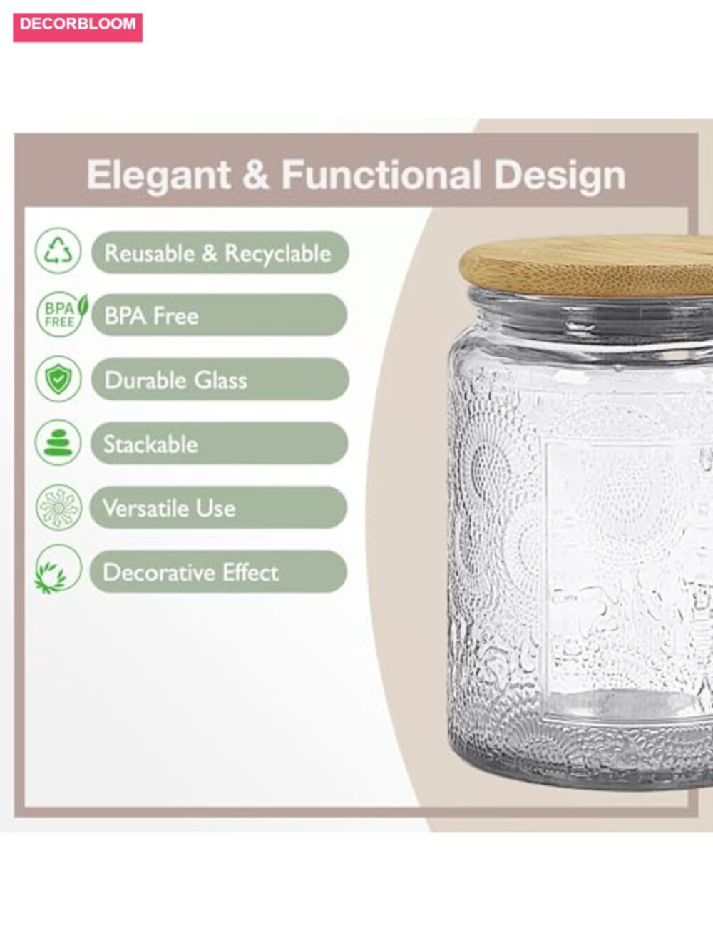 6 Pack 8 oz Decorative Glass Jars with Bamboo Lids, Airtight Food Storage - Picture 5 of 6